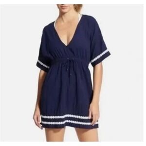 Athleta Womens Coast to Coast Beach Cover Up Swim Dress Kaftan Cotton Navy Large